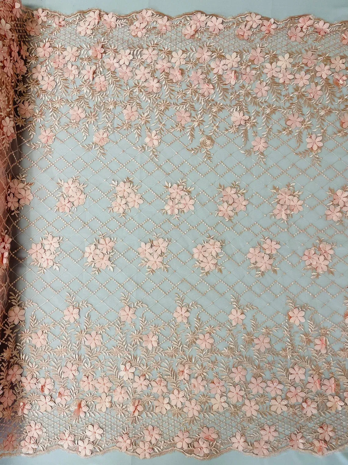 3D Floral Fabric with Pearls - Embroidered Flower Triangle Design Fabric Sold by Yard