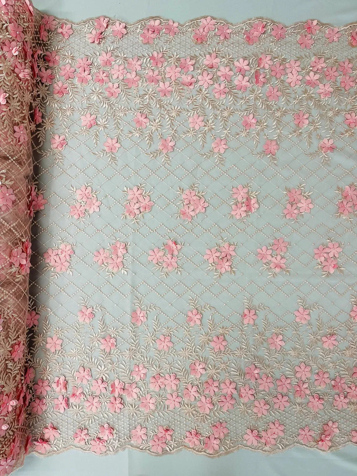 3D Floral Fabric with Pearls - Embroidered Flower Triangle Design Fabric Sold by Yard