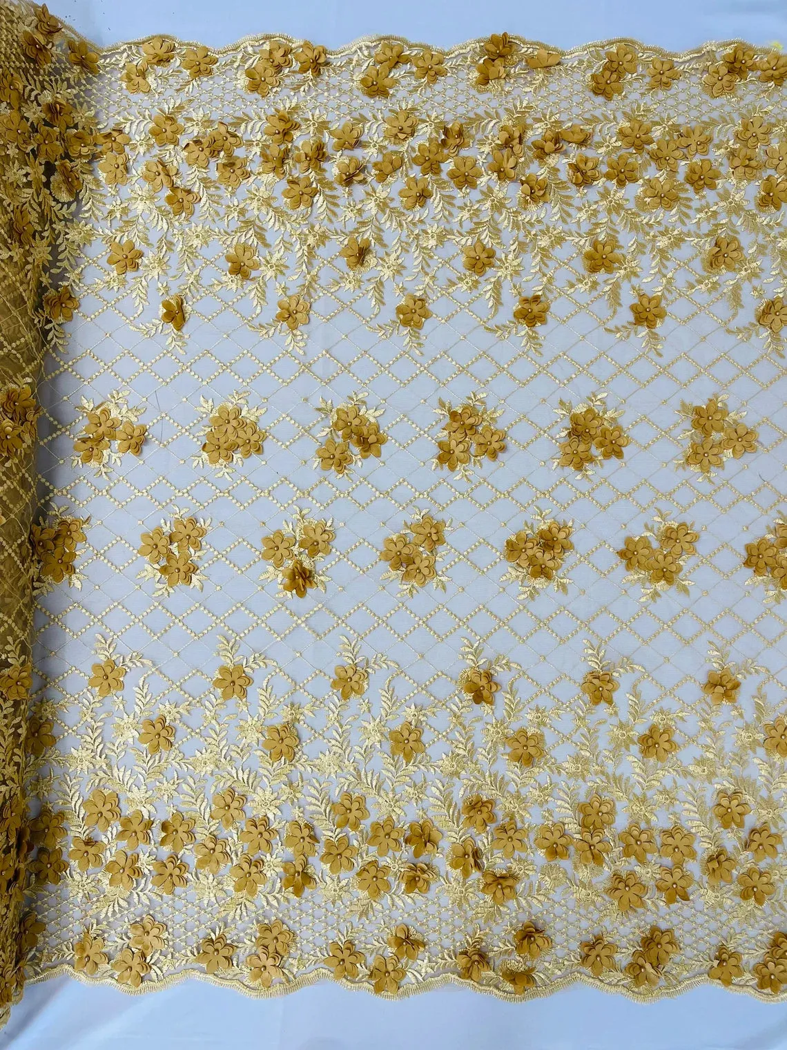 3D Floral Fabric with Pearls - Embroidered Flower Triangle Design Fabric Sold by Yard