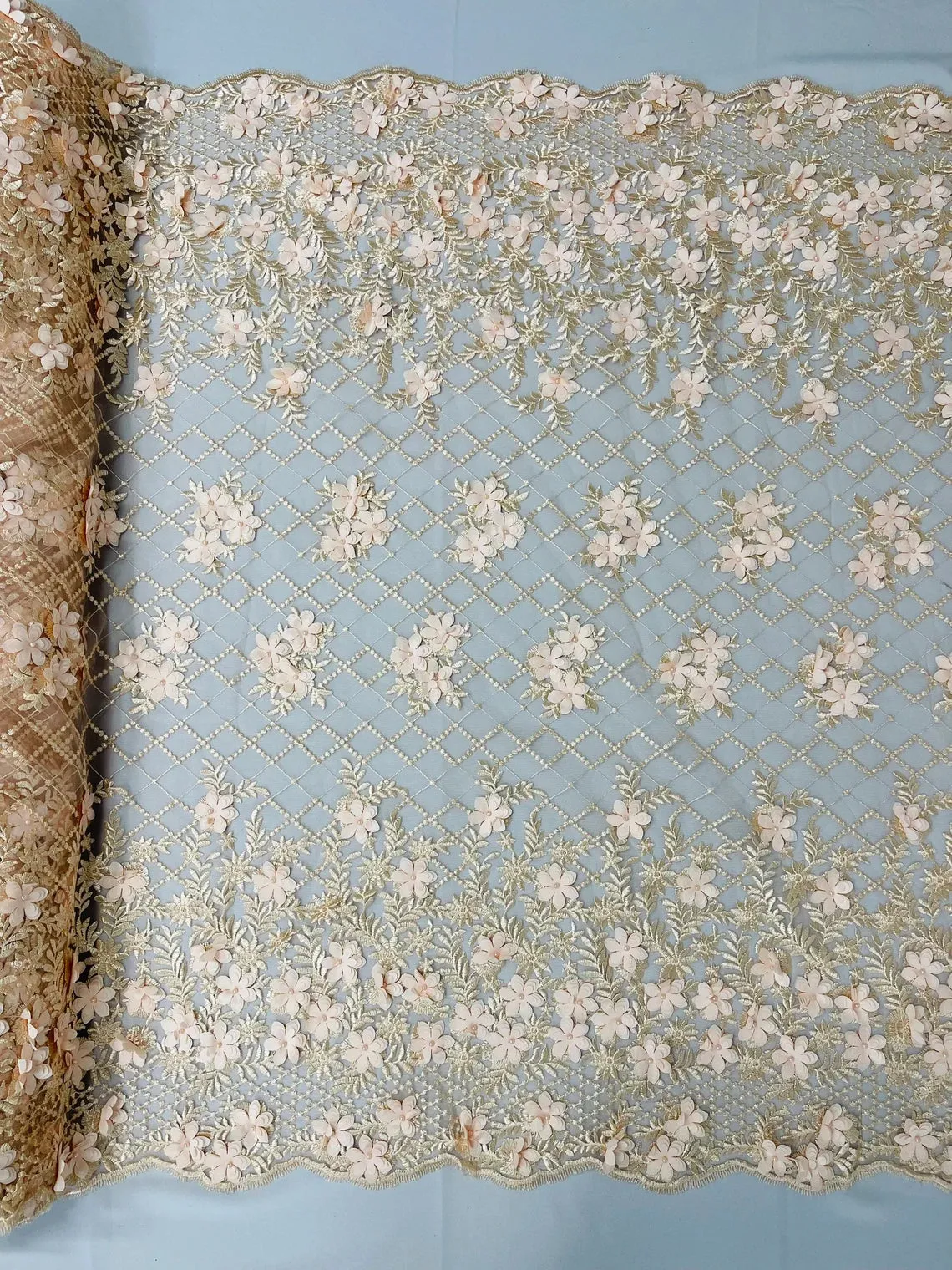 3D Floral Fabric with Pearls - Embroidered Flower Triangle Design Fabric Sold by Yard