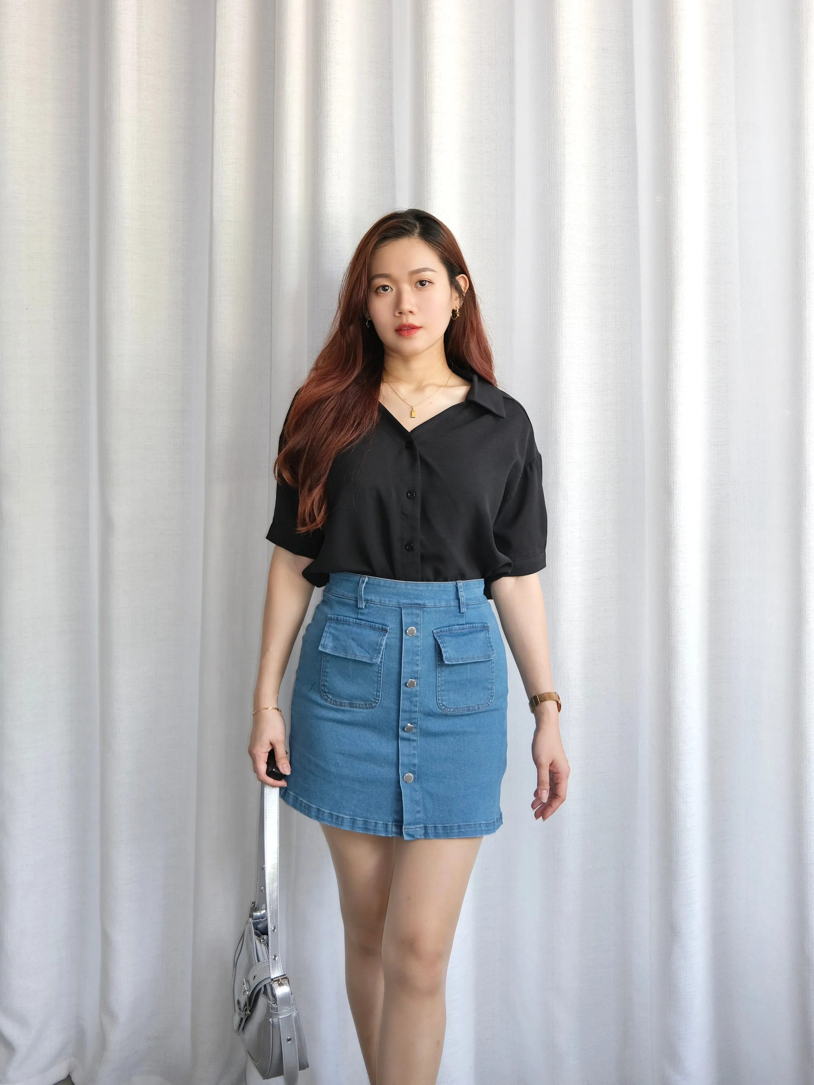 ACEWIN Flap Pockets Button Front Denim Mini Skirt (Size S-XL) 400386