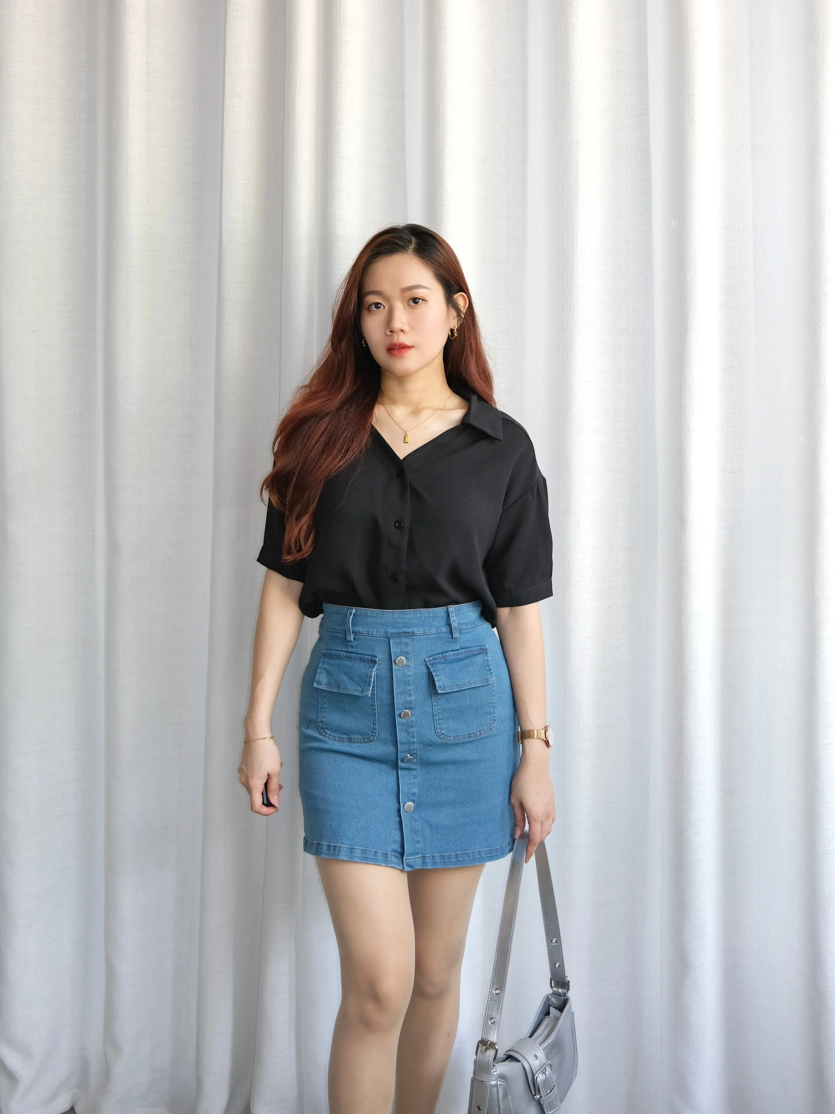 ACEWIN Flap Pockets Button Front Denim Mini Skirt (Size S-XL) 400386