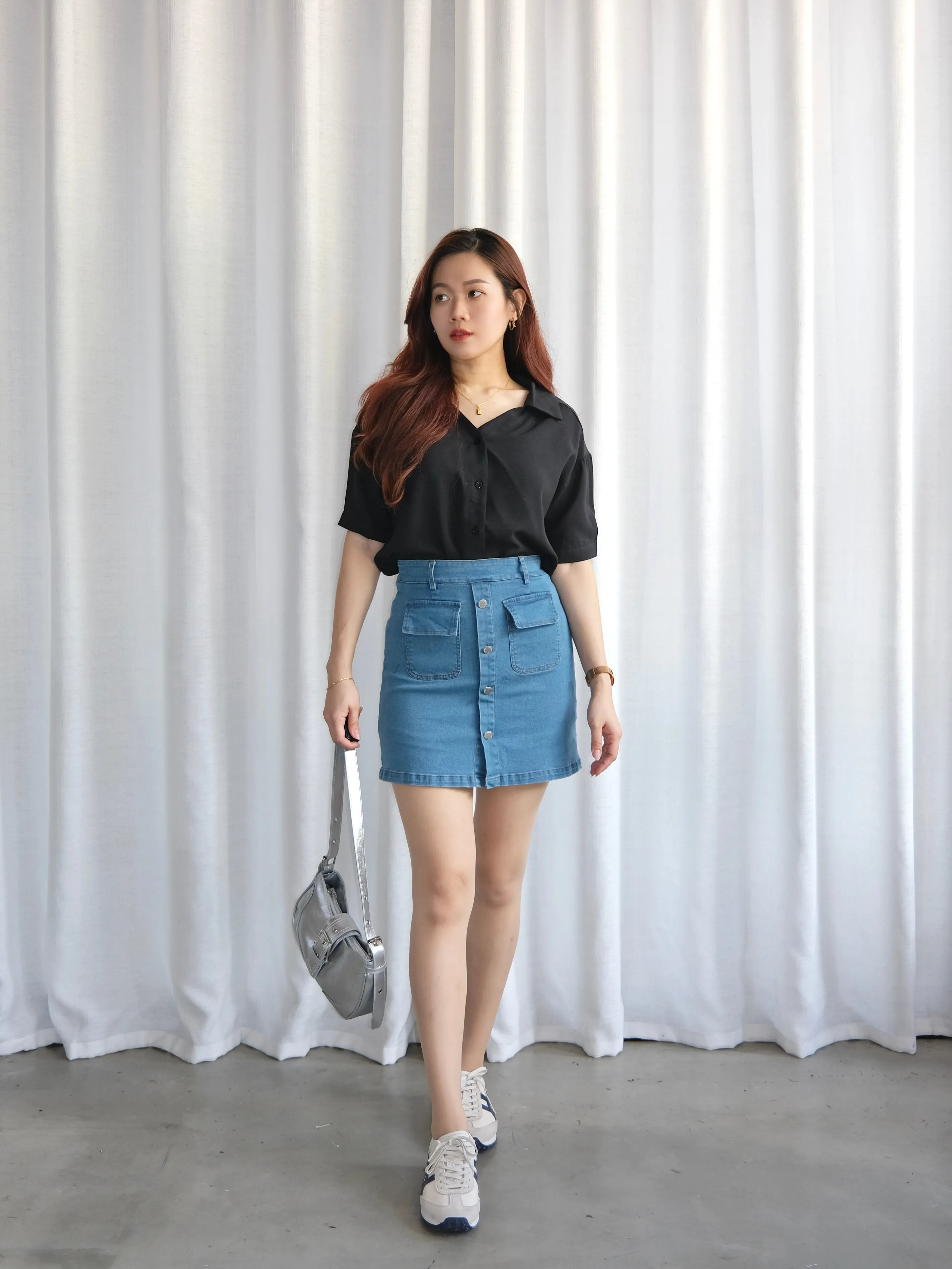 ACEWIN Flap Pockets Button Front Denim Mini Skirt (Size S-XL) 400386