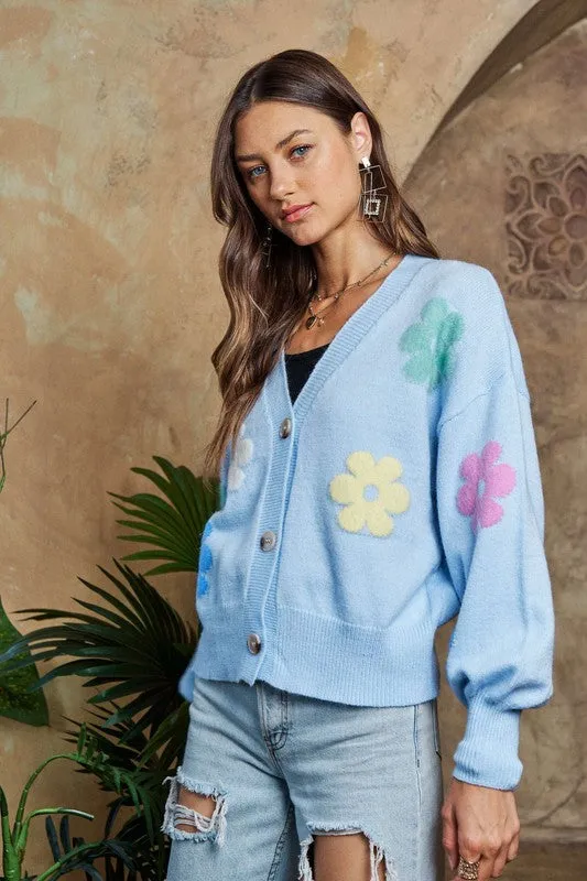 ADORA Flower Button Down Lantern Sleeve Cardigan