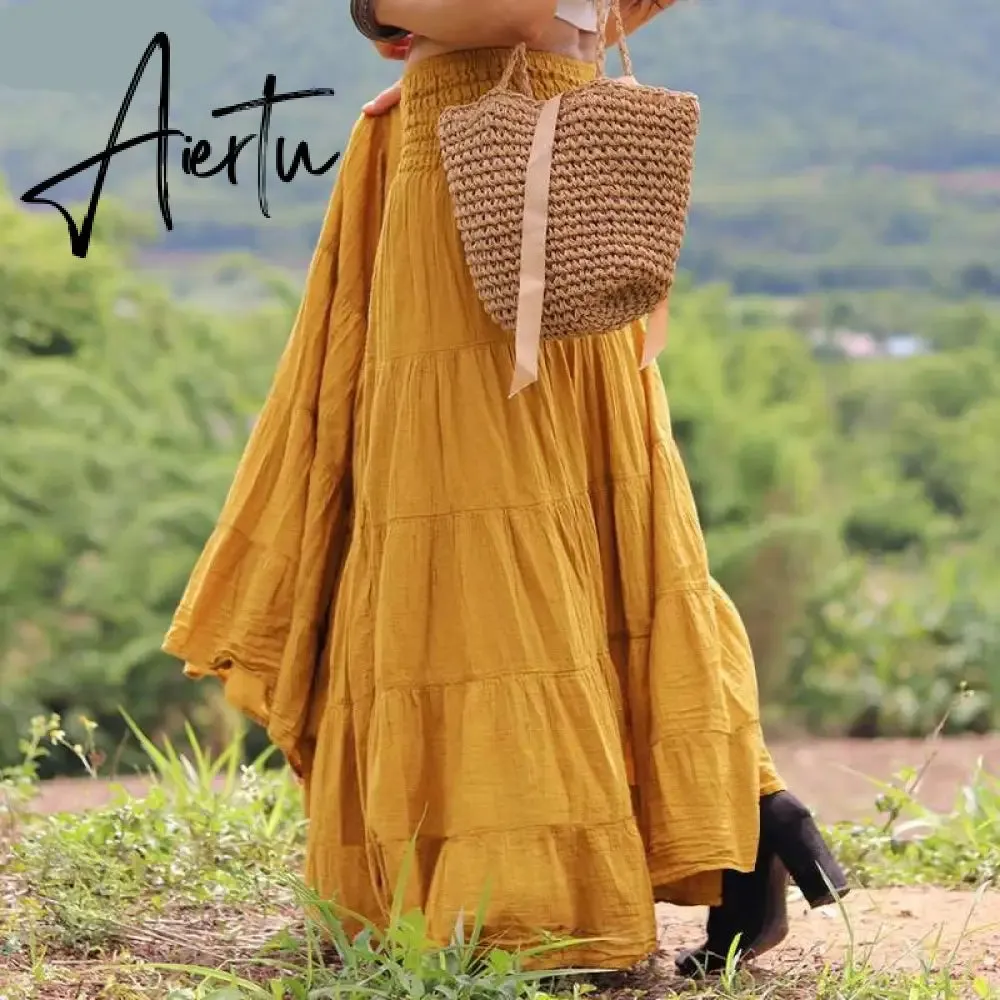 Aiertu Autumn Elastic Waist Solid Holiday Skirt  Oversized Women Maxi Long Skirts Casual Ruffles Party Faldas Saia Loose Jupe