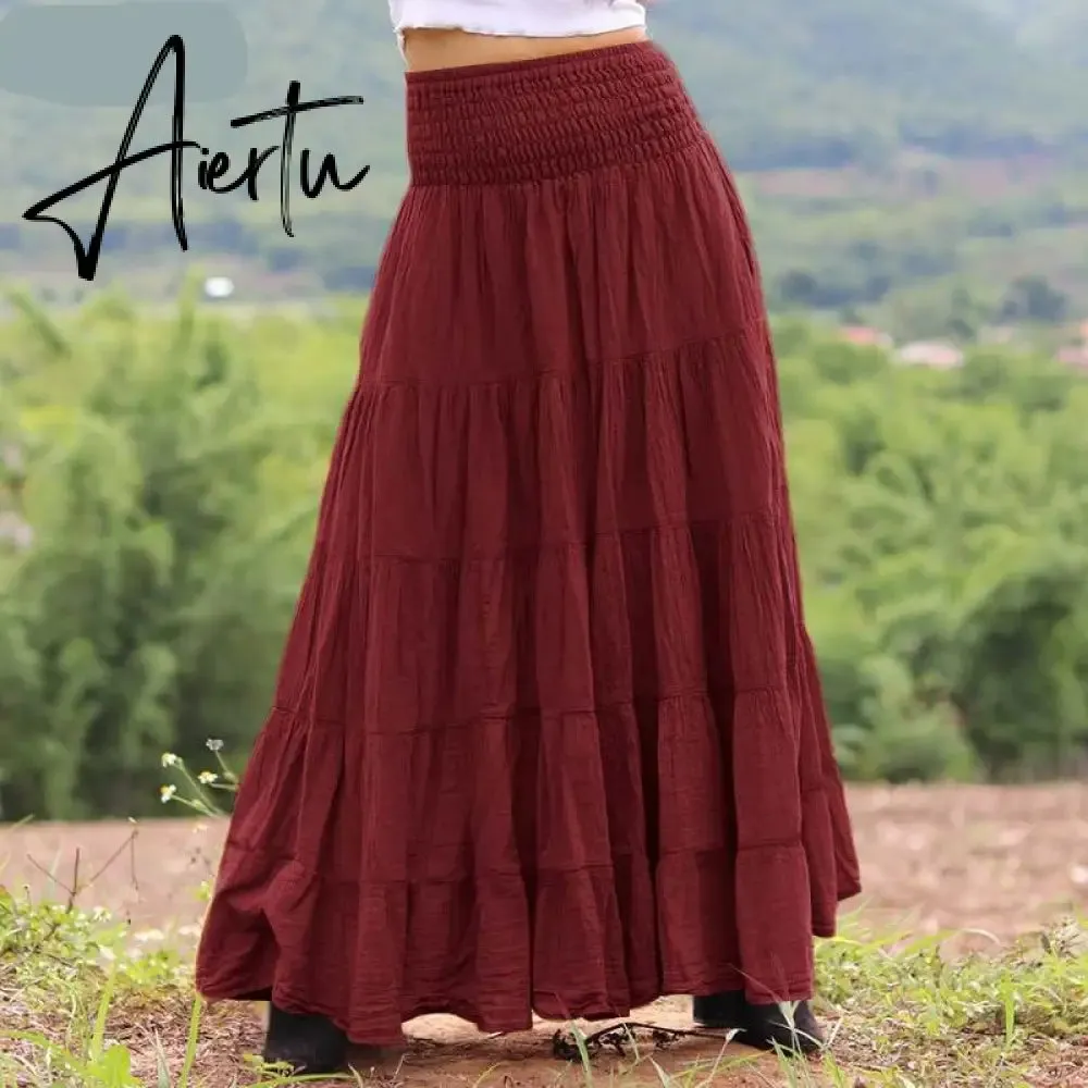 Aiertu Autumn Elastic Waist Solid Holiday Skirt  Oversized Women Maxi Long Skirts Casual Ruffles Party Faldas Saia Loose Jupe