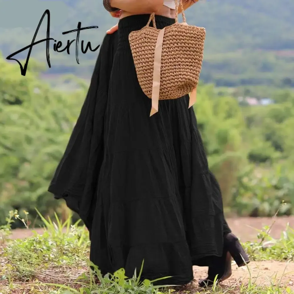 Aiertu Autumn Elastic Waist Solid Holiday Skirt  Oversized Women Maxi Long Skirts Casual Ruffles Party Faldas Saia Loose Jupe