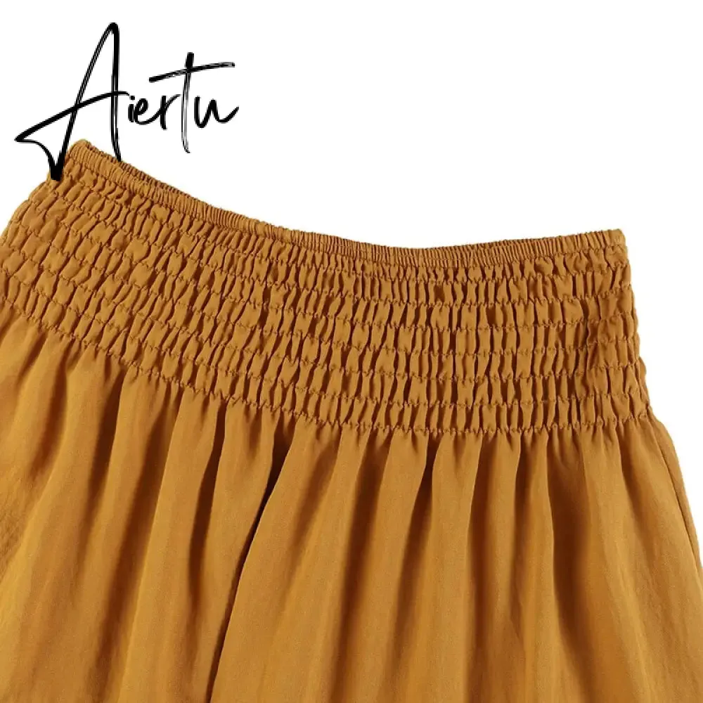 Aiertu Autumn Elastic Waist Solid Holiday Skirt  Oversized Women Maxi Long Skirts Casual Ruffles Party Faldas Saia Loose Jupe