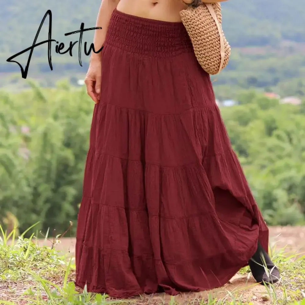 Aiertu Autumn Elastic Waist Solid Holiday Skirt  Oversized Women Maxi Long Skirts Casual Ruffles Party Faldas Saia Loose Jupe