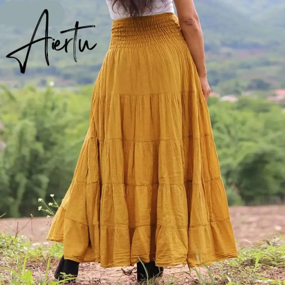 Aiertu Autumn Elastic Waist Solid Holiday Skirt  Oversized Women Maxi Long Skirts Casual Ruffles Party Faldas Saia Loose Jupe