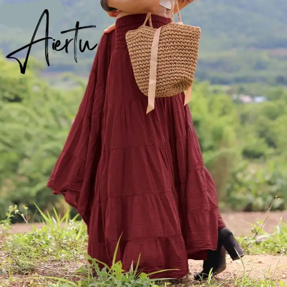 Aiertu Autumn Elastic Waist Solid Holiday Skirt  Oversized Women Maxi Long Skirts Casual Ruffles Party Faldas Saia Loose Jupe