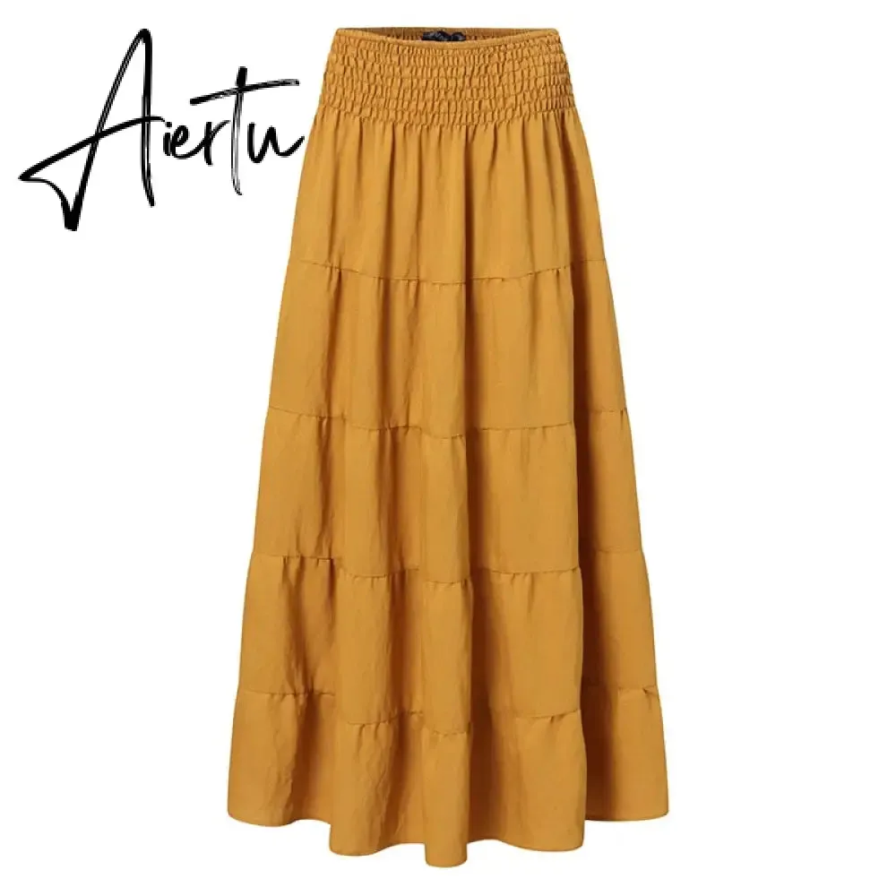 Aiertu Autumn Elastic Waist Solid Holiday Skirt  Oversized Women Maxi Long Skirts Casual Ruffles Party Faldas Saia Loose Jupe