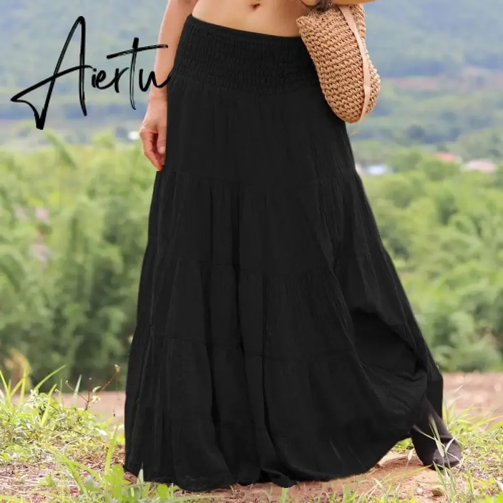 Aiertu Autumn Elastic Waist Solid Holiday Skirt  Oversized Women Maxi Long Skirts Casual Ruffles Party Faldas Saia Loose Jupe