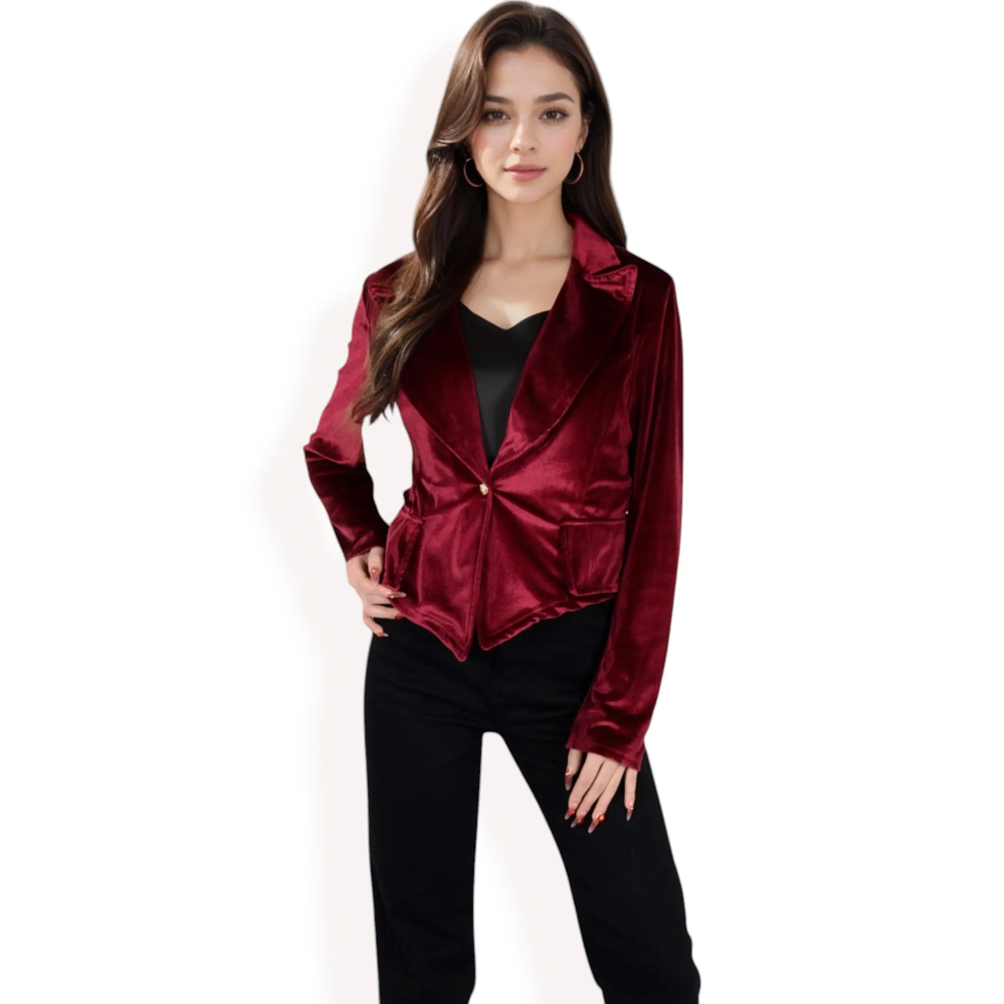 Anna-Kaci Women's Velvet Blazer with Single Button Closure