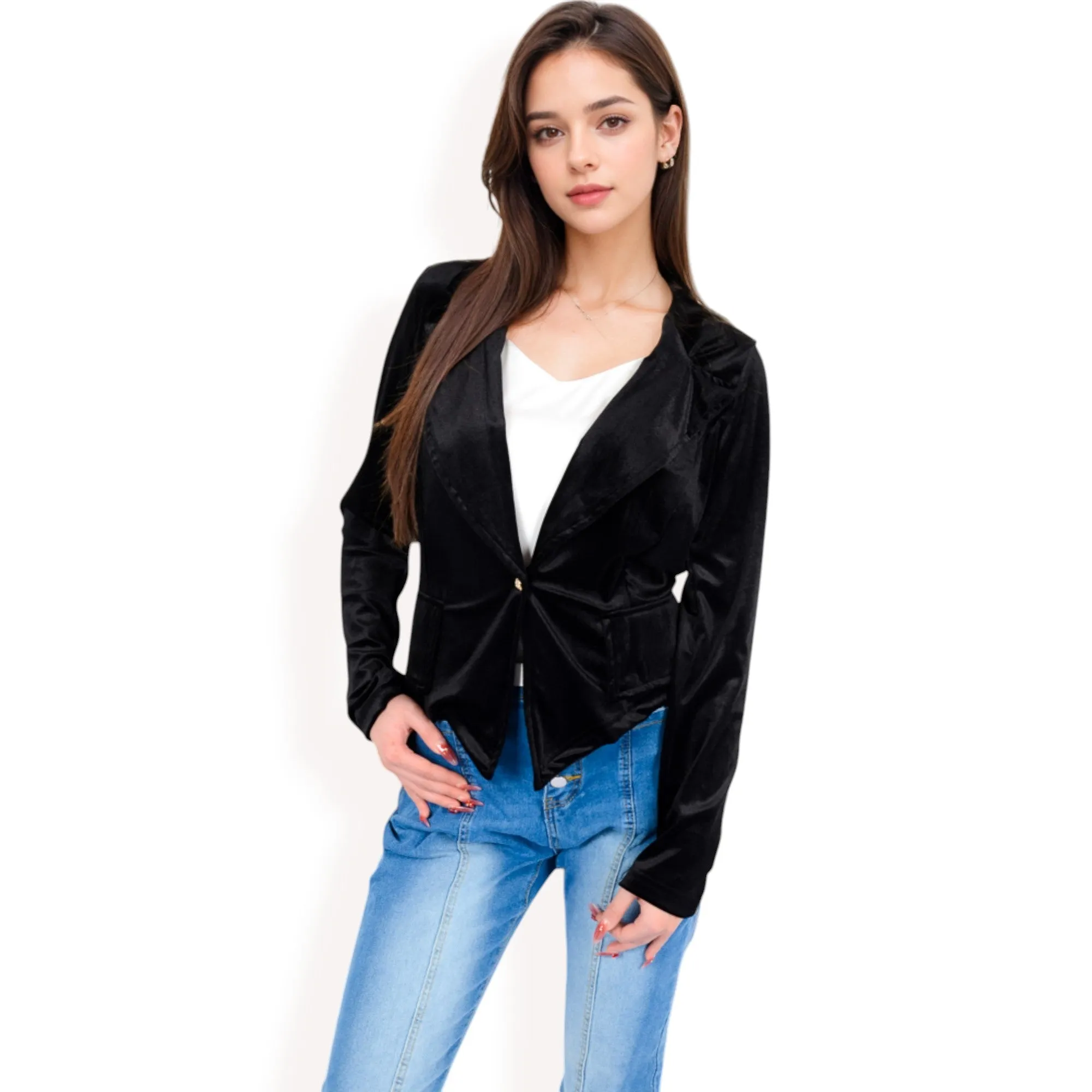 Anna-Kaci Women's Velvet Blazer with Single Button Closure