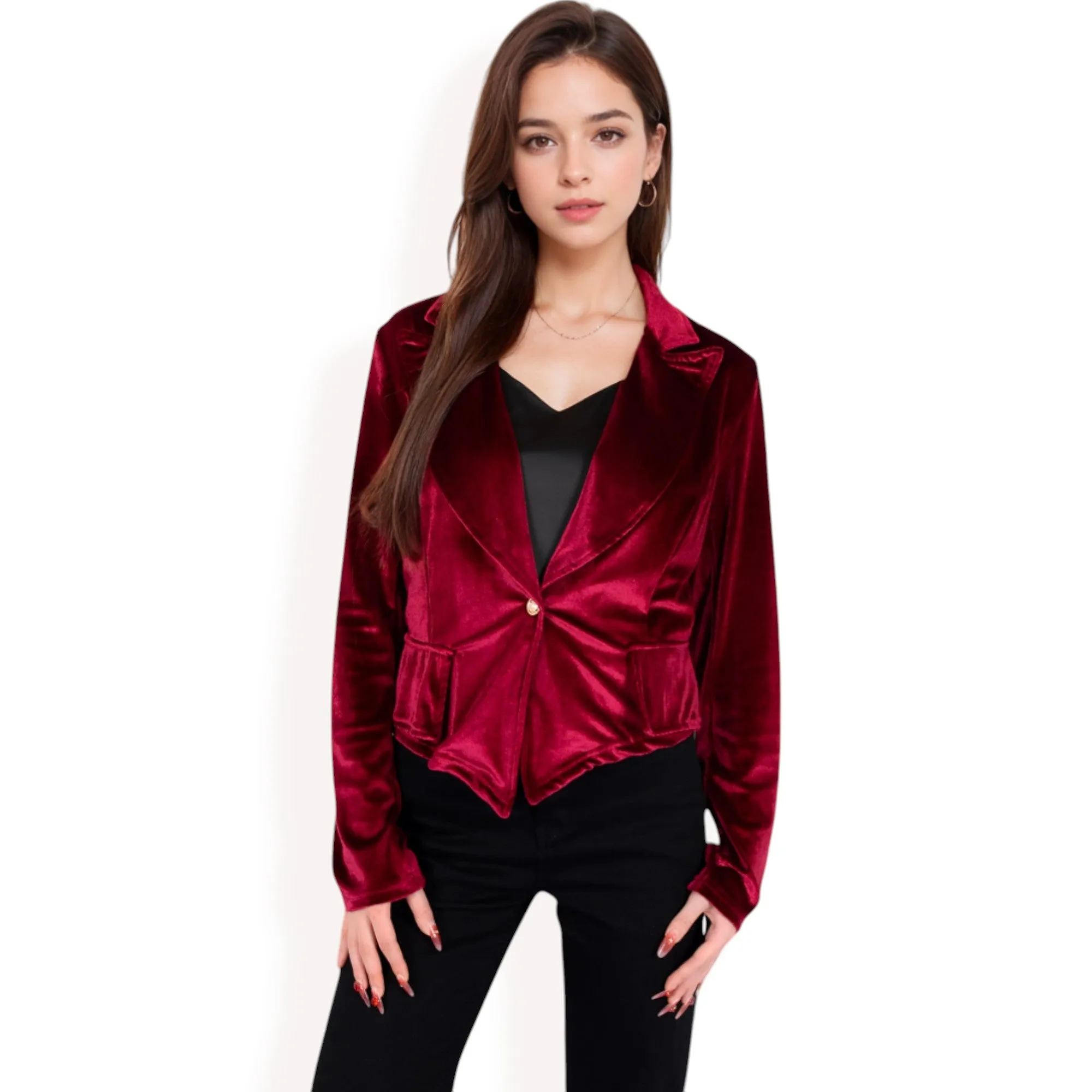 Anna-Kaci Women's Velvet Blazer with Single Button Closure