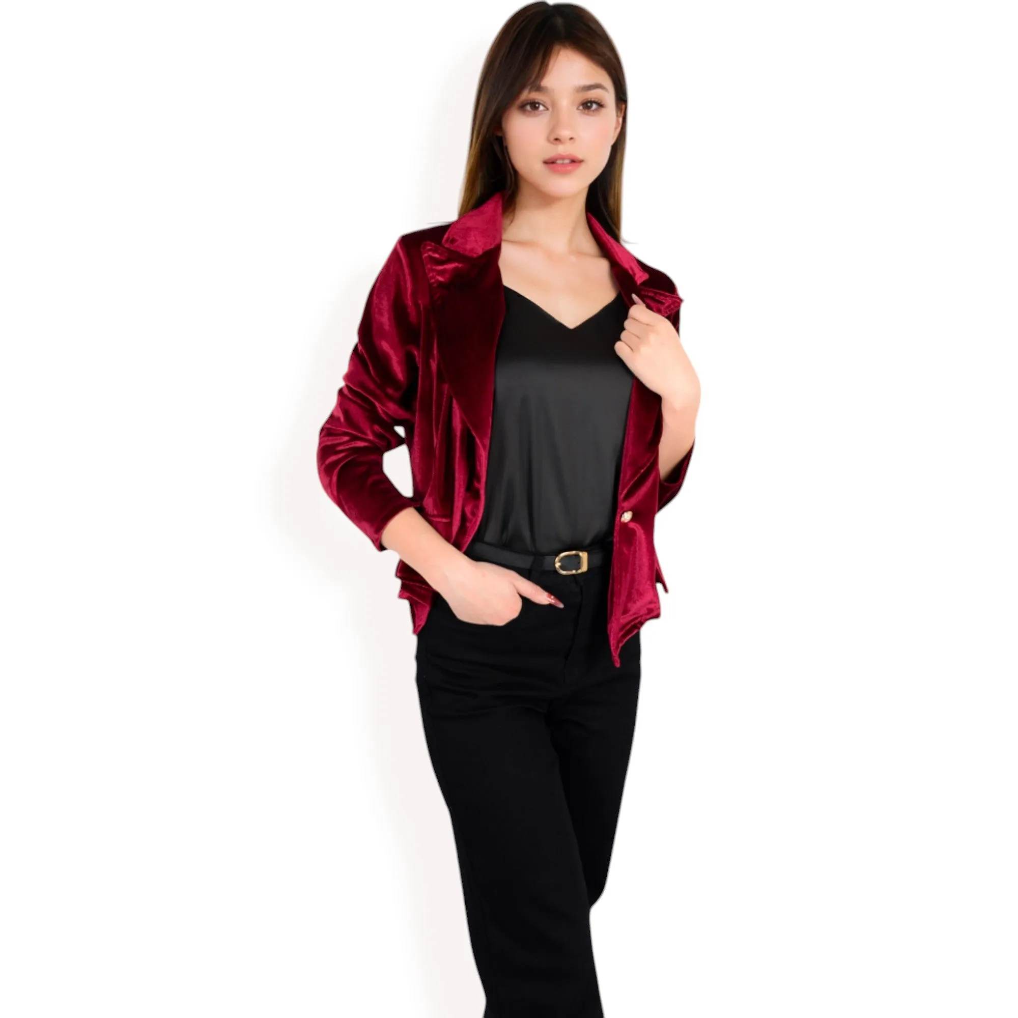 Anna-Kaci Women's Velvet Blazer with Single Button Closure