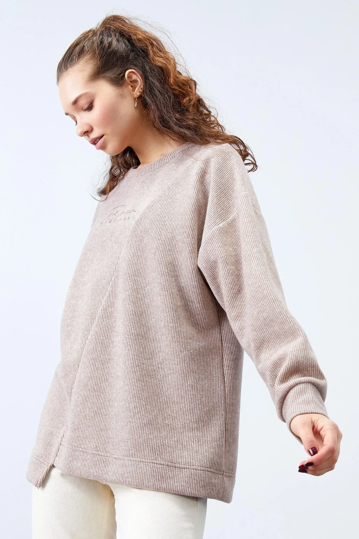 asimetrik kesim o yaka selanik kadin oversize sweatshirt - 97191