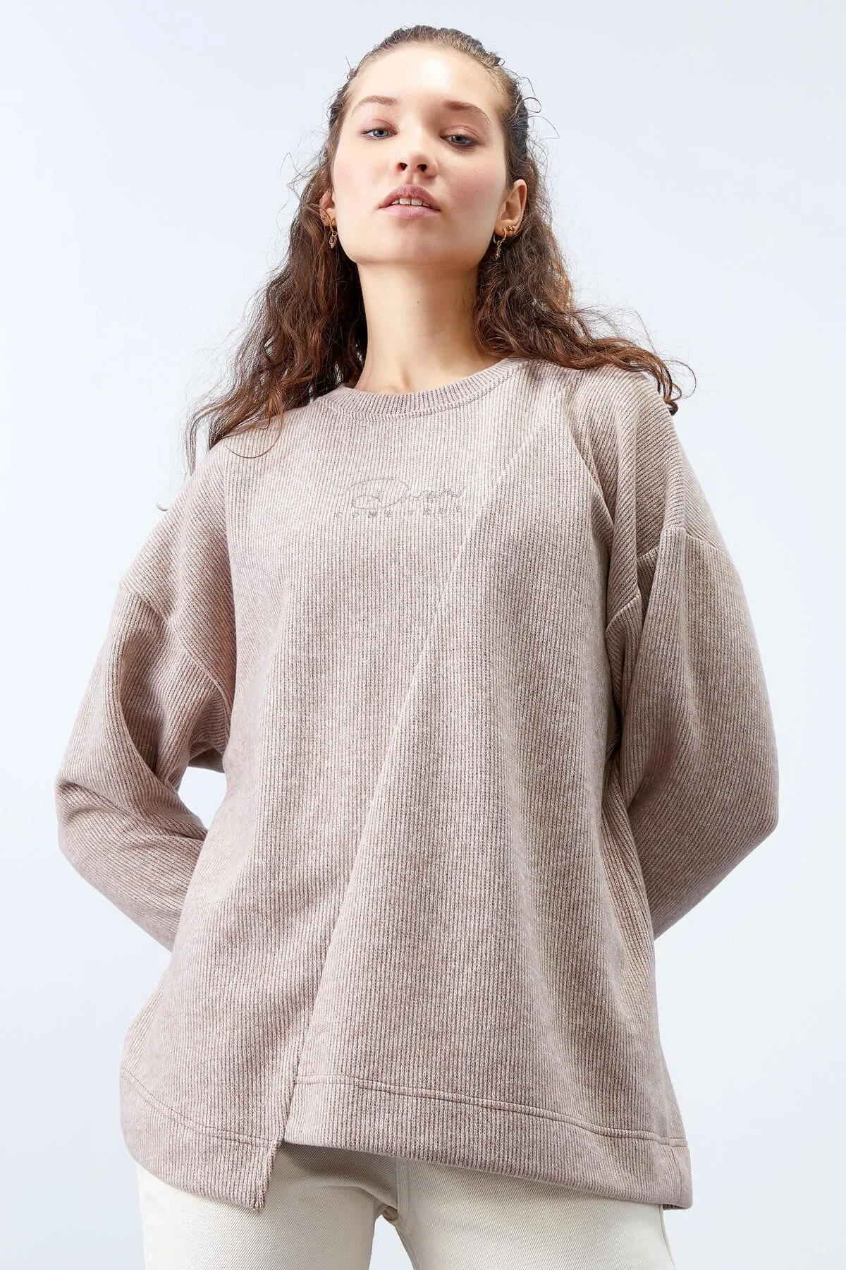 asimetrik kesim o yaka selanik kadin oversize sweatshirt - 97191