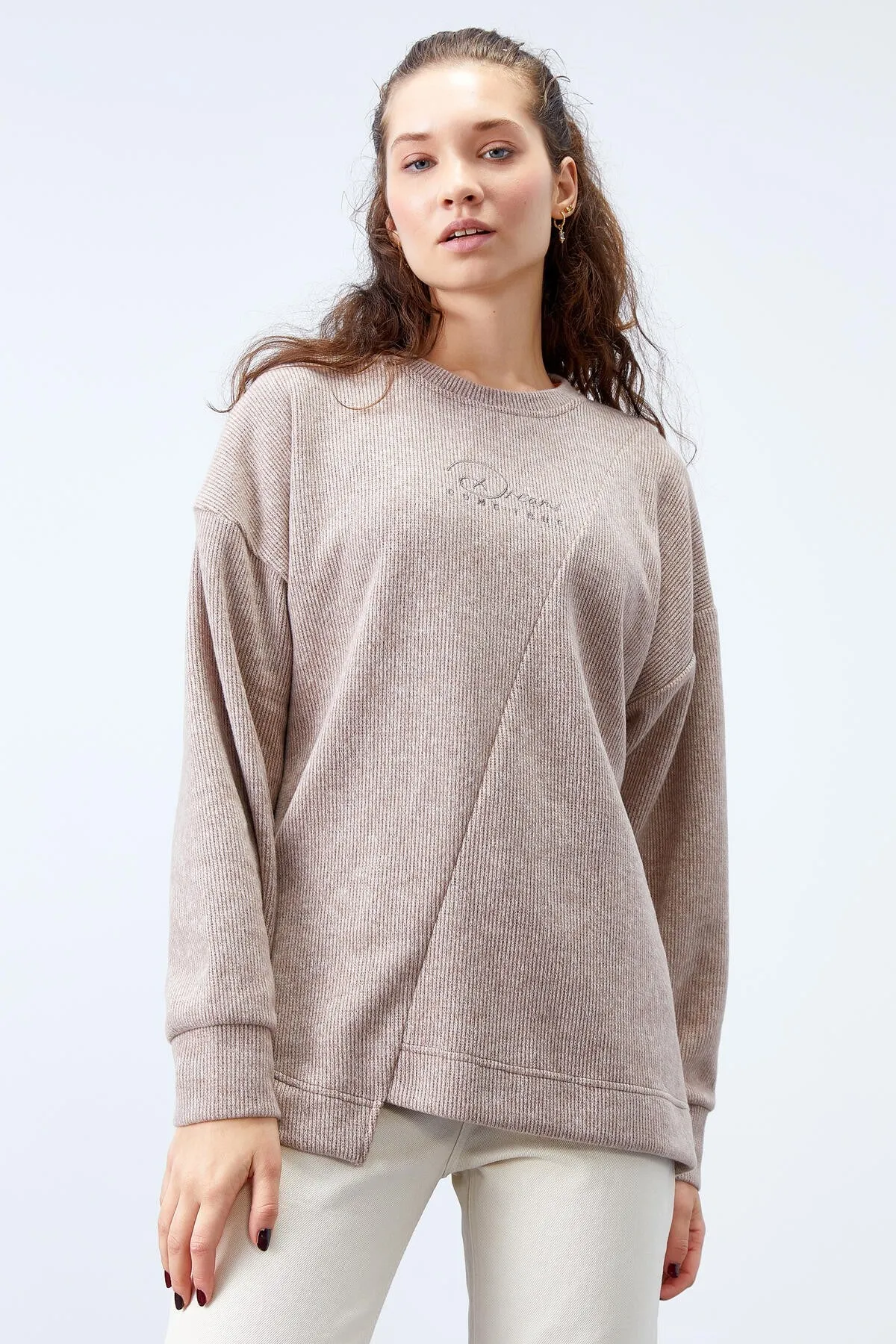 asimetrik kesim o yaka selanik kadin oversize sweatshirt - 97191