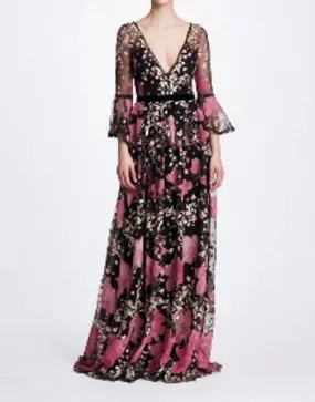 Bell Sleeve V Neck Floral Gown In Black