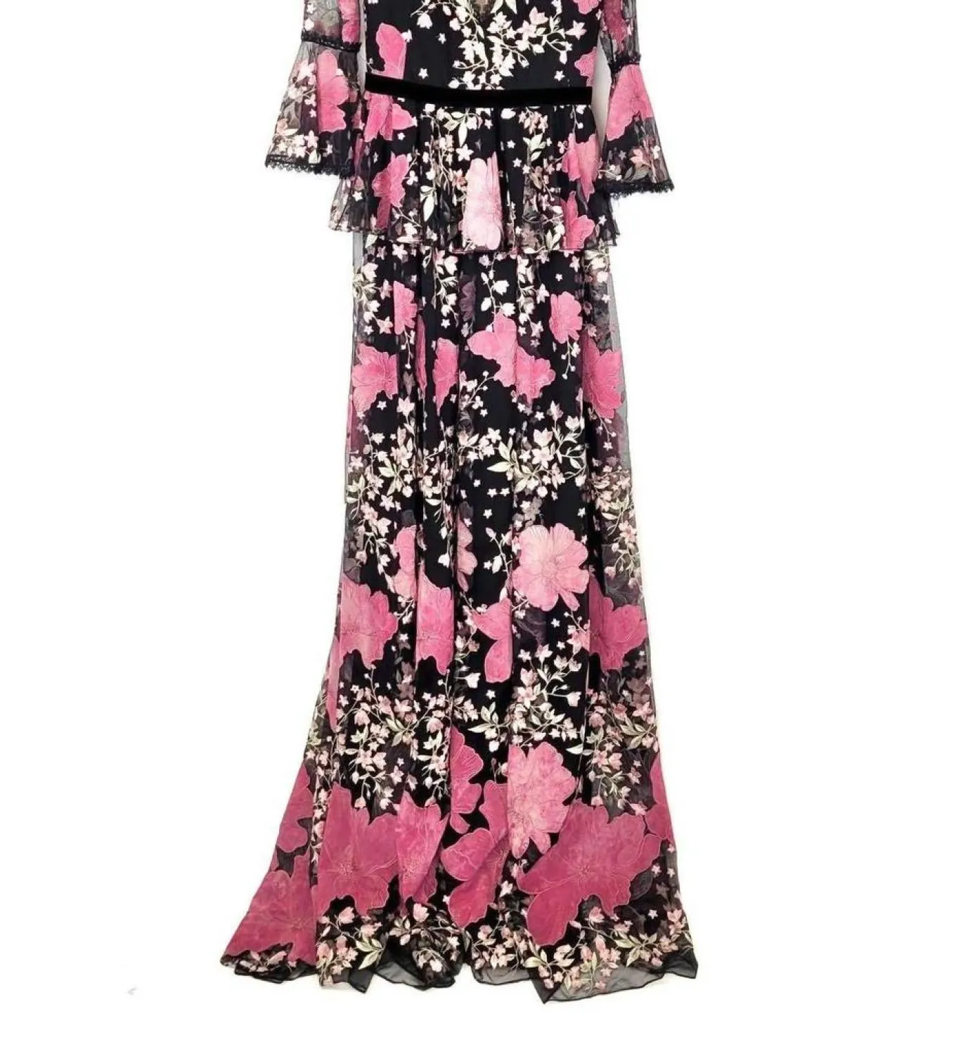 Bell Sleeve V Neck Floral Gown In Black