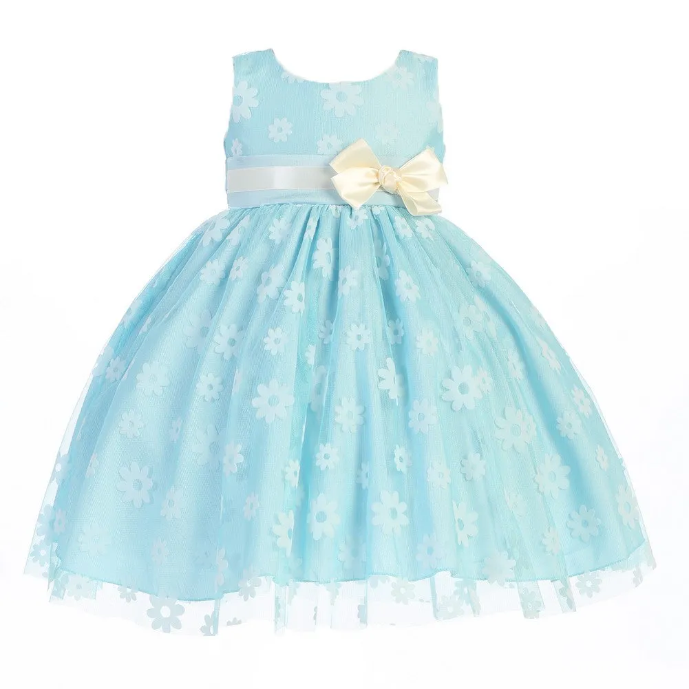 Big Girls Blue Bow Flocked Tulle Special Occasion Easter Dress 7-10