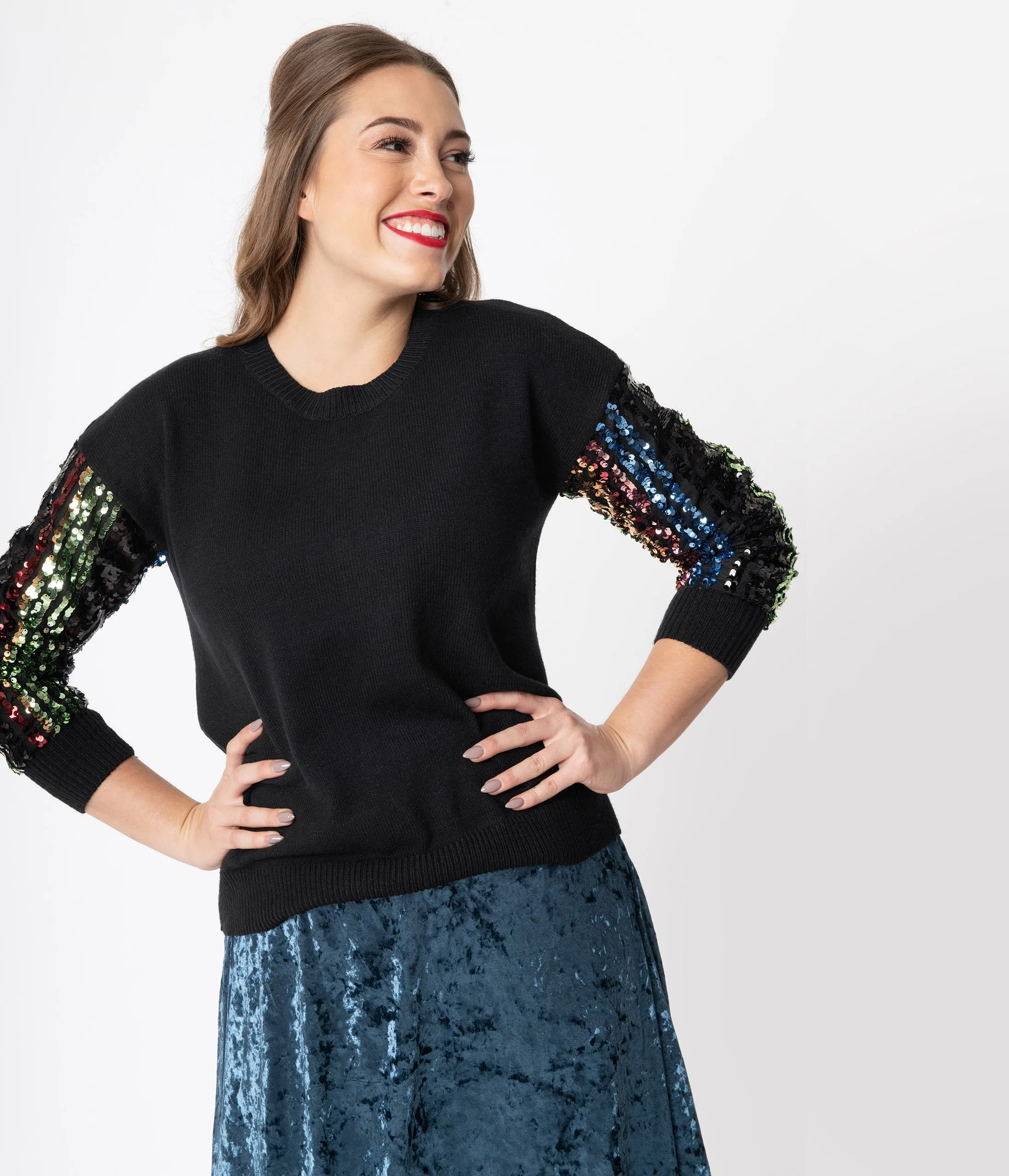 Black Sweater with Multicolored Sequin Sleeves