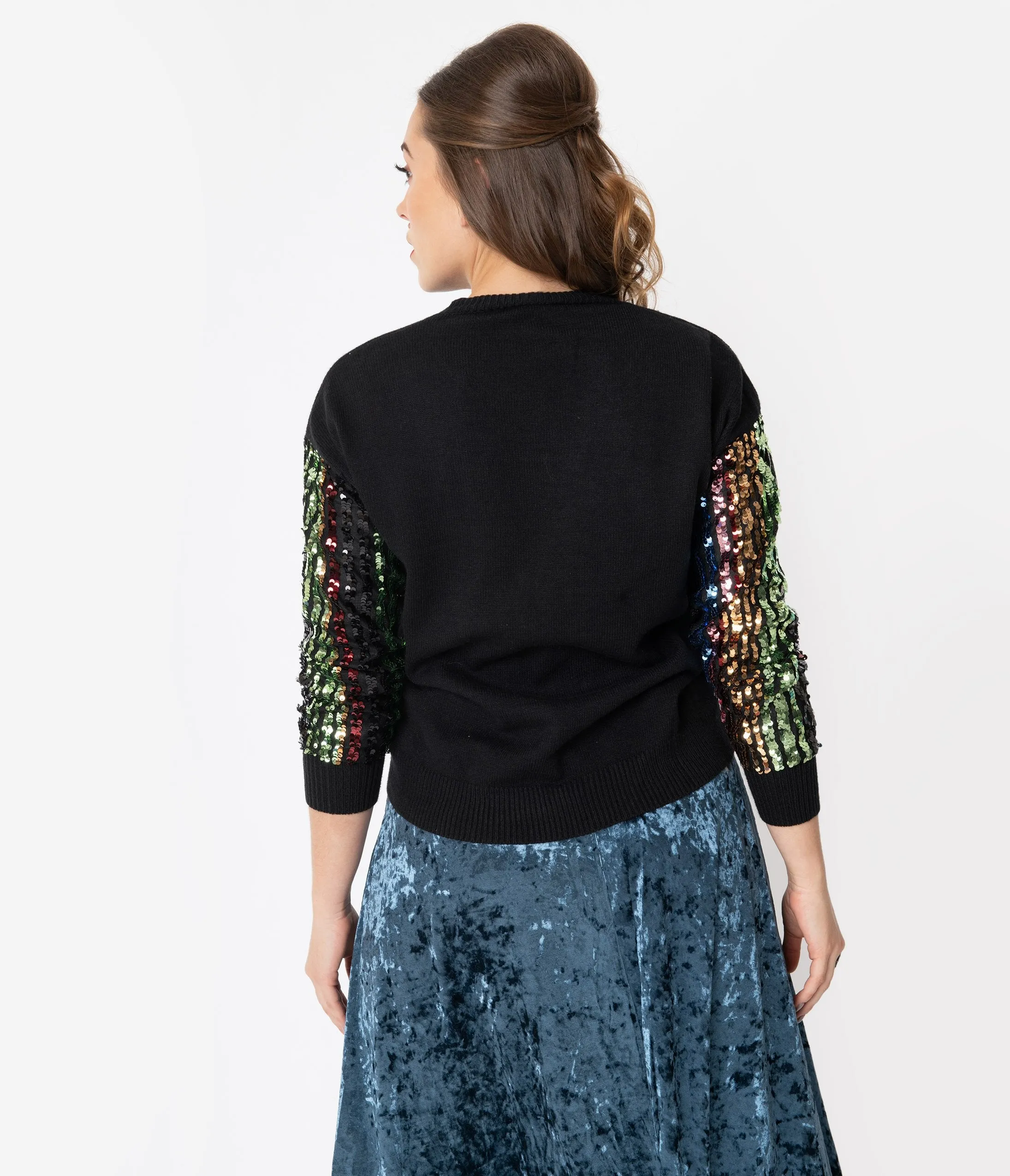 Black Sweater with Multicolored Sequin Sleeves