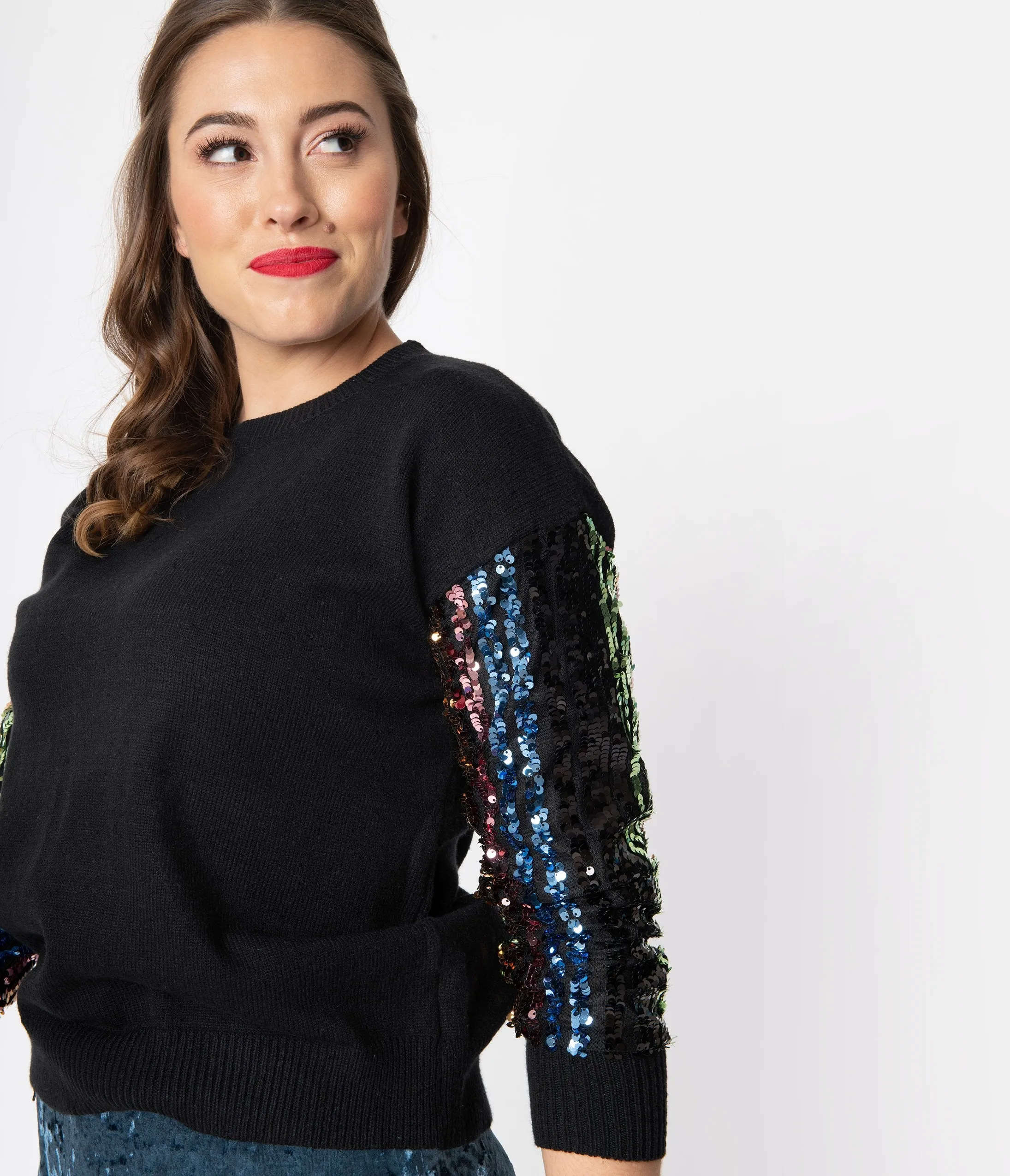 Black Sweater with Multicolored Sequin Sleeves