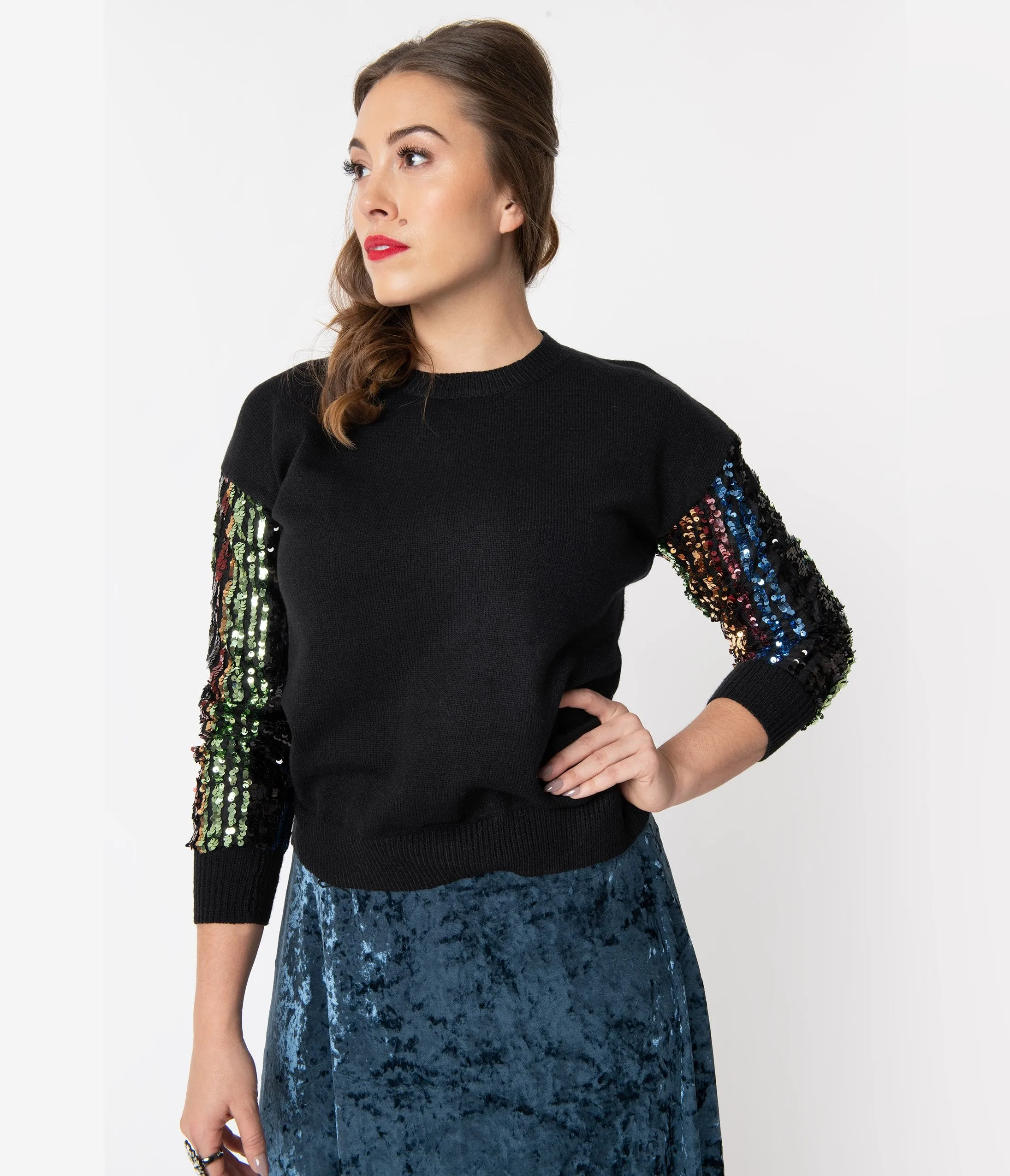 Black Sweater with Multicolored Sequin Sleeves