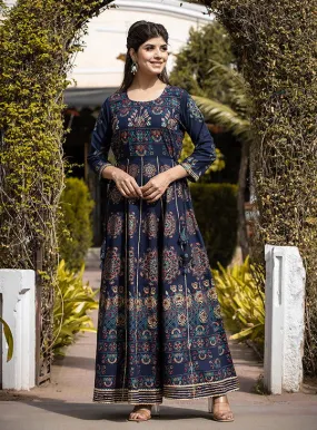 Blue Floral Gold Printed Ethnic Gown (Pack Of 1)