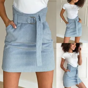 Blue High Waist Belt Corduroy Skirts