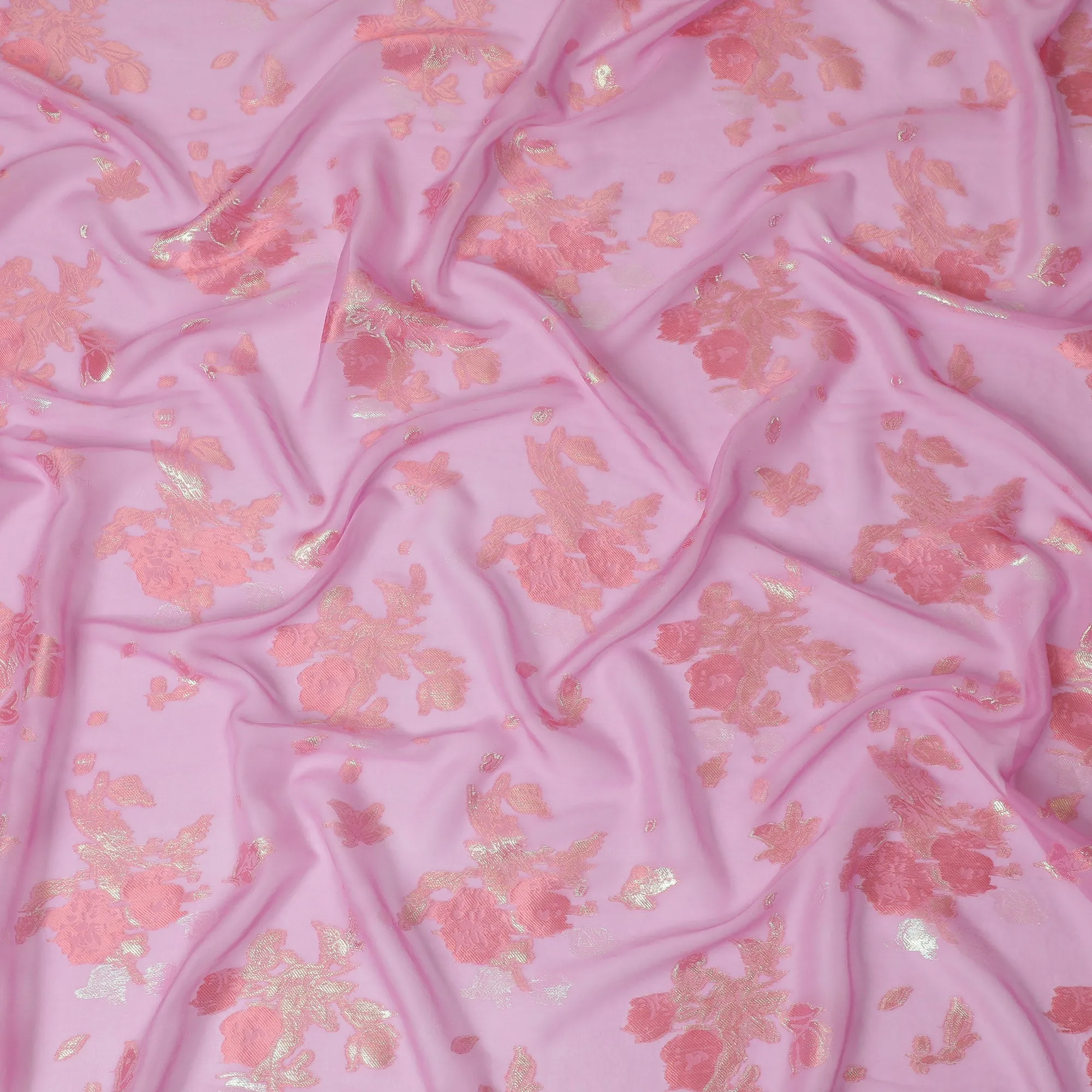 Blush Pink Silk Chiffon Fabric with Rose Gold Floral Lurex, 110 cm Width - Imported from South Korea-D20238