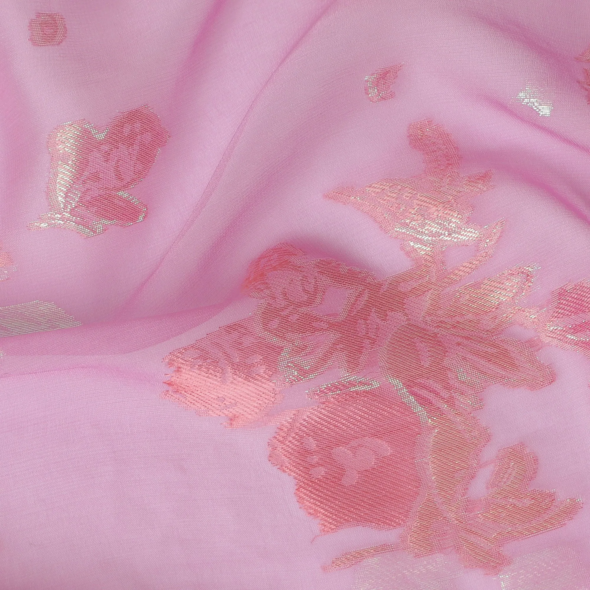 Blush Pink Silk Chiffon Fabric with Rose Gold Floral Lurex, 110 cm Width - Imported from South Korea-D20238