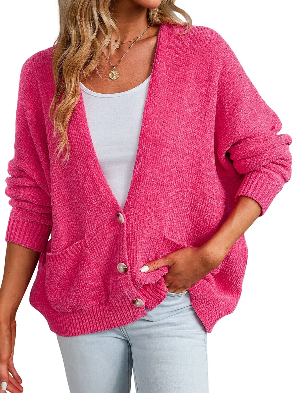 Blush Rose V-Neck Cardigan with Front Pockets