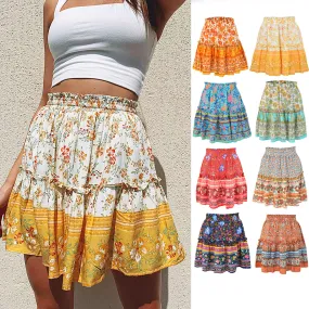 Bohemia Loose Floral Ruched Strap Mini Skirts