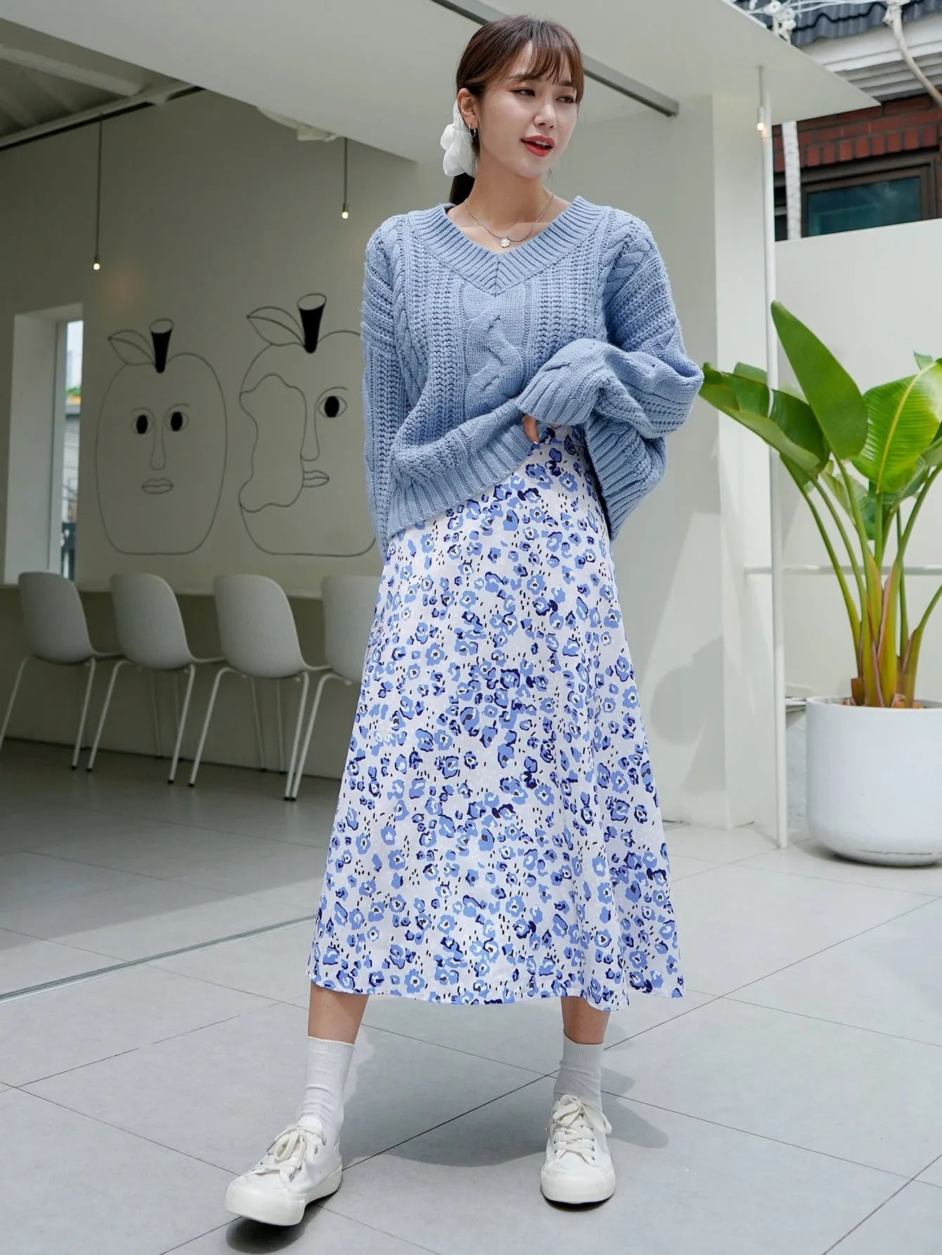 Casual All Over Print Natural Long Women Skirt