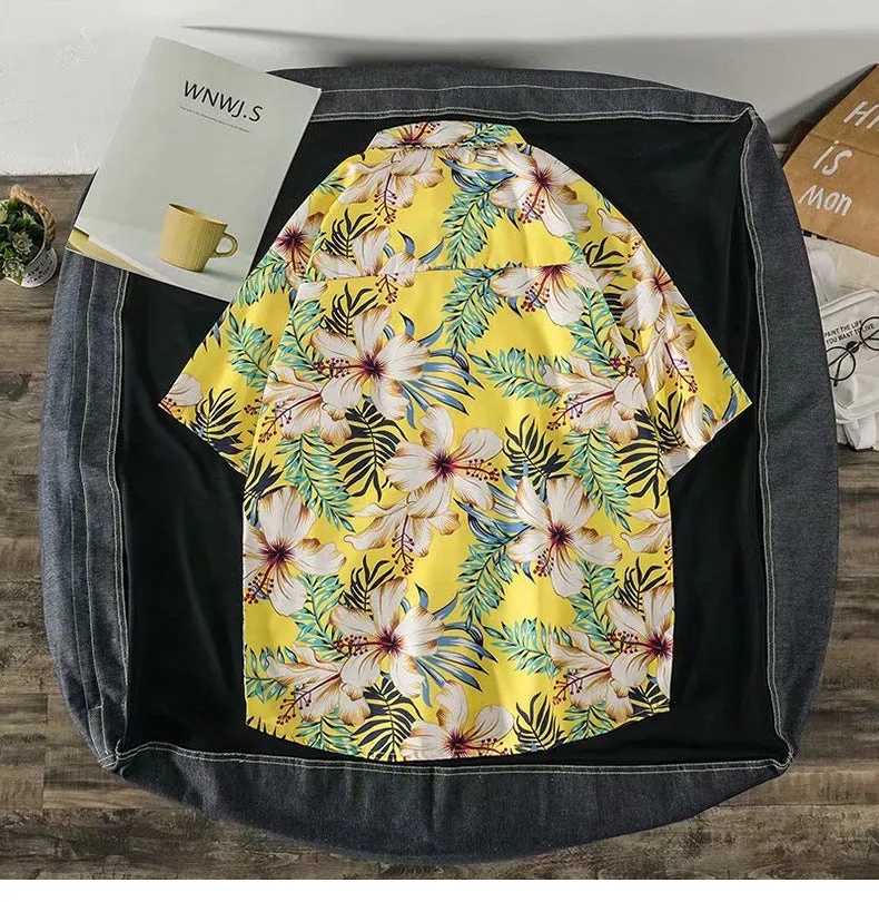 Casual Beach Tops Trendy Hong Kong Shirt Men Short Sleeve Printed Hawaii Shirt