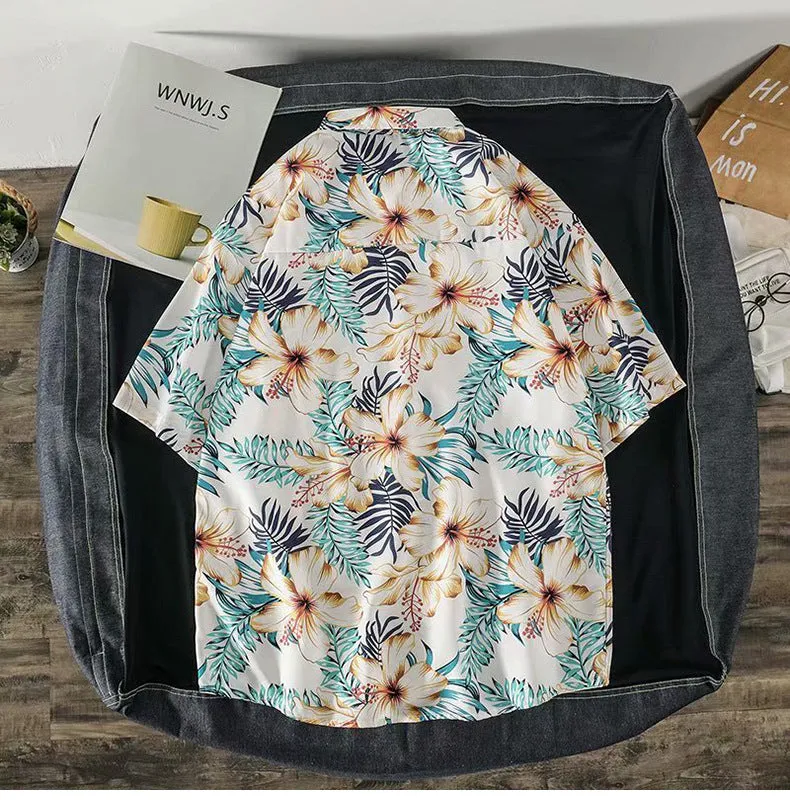 Casual Beach Tops Trendy Hong Kong Shirt Men Short Sleeve Printed Hawaii Shirt