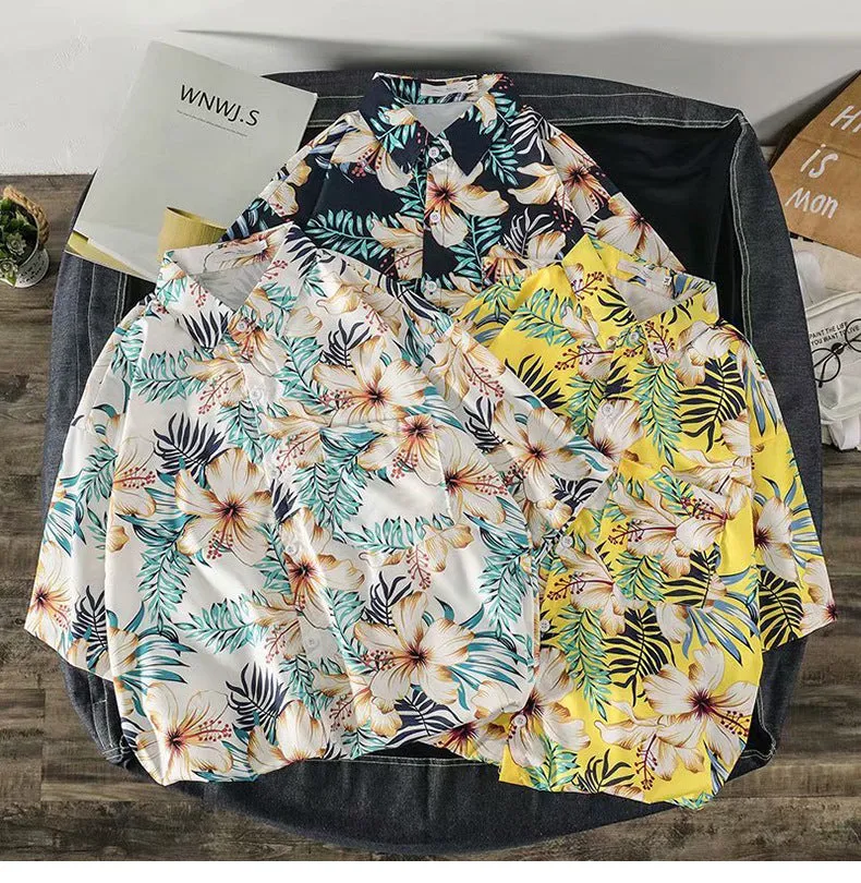 Casual Beach Tops Trendy Hong Kong Shirt Men Short Sleeve Printed Hawaii Shirt