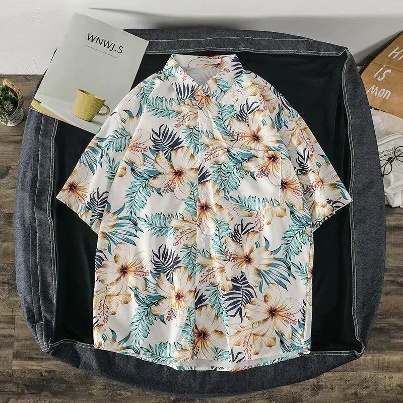 Casual Beach Tops Trendy Hong Kong Shirt Men Short Sleeve Printed Hawaii Shirt