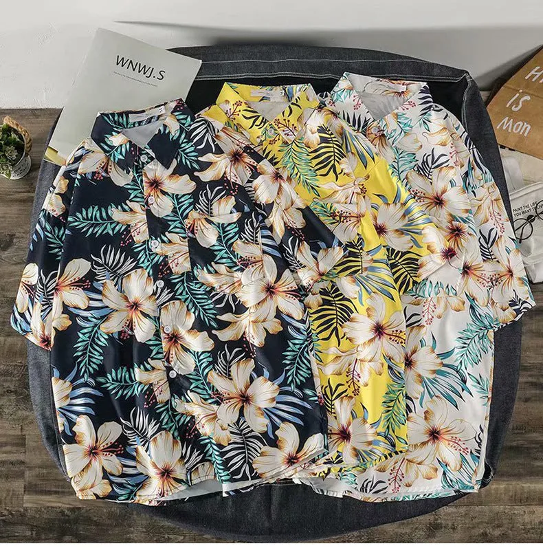 Casual Beach Tops Trendy Hong Kong Shirt Men Short Sleeve Printed Hawaii Shirt