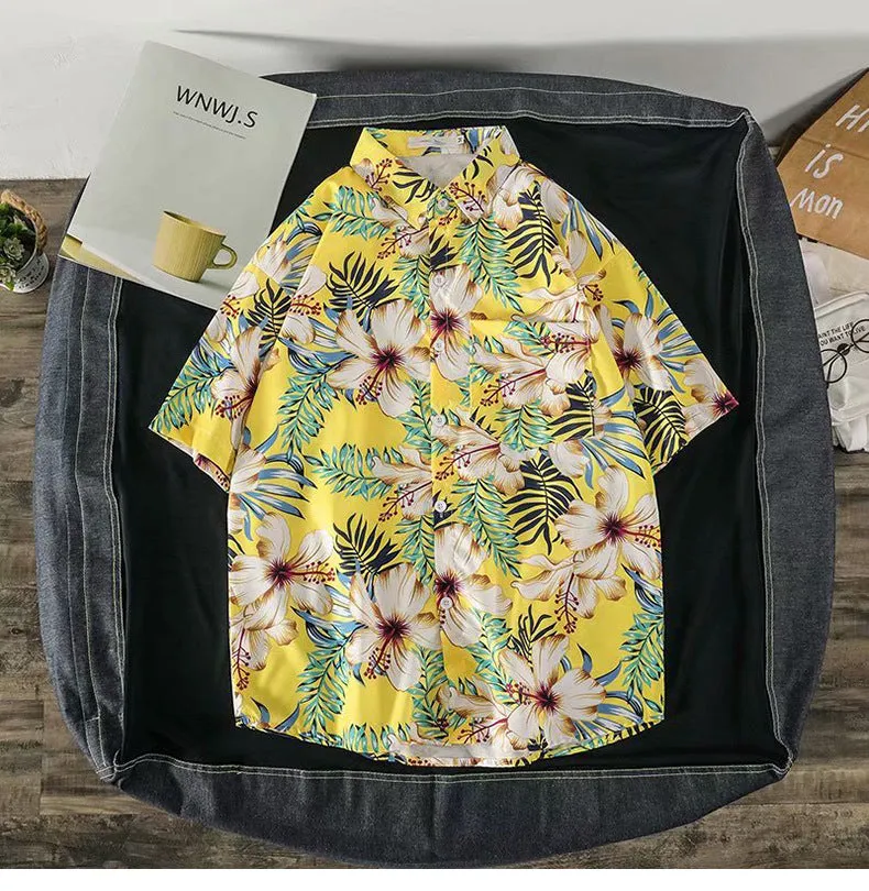 Casual Beach Tops Trendy Hong Kong Shirt Men Short Sleeve Printed Hawaii Shirt