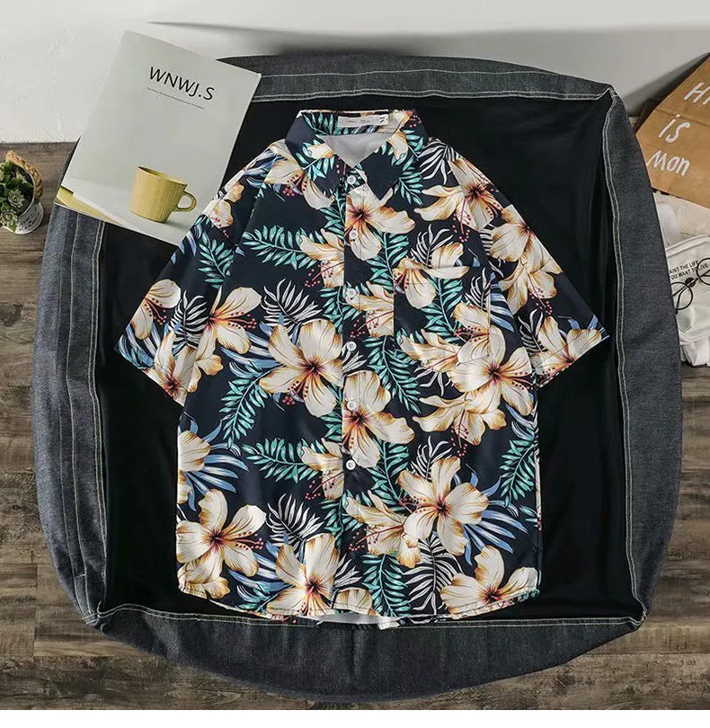 Casual Beach Tops Trendy Hong Kong Shirt Men Short Sleeve Printed Hawaii Shirt