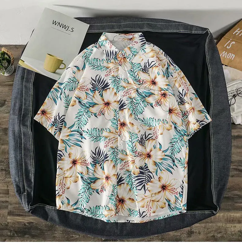 Casual Beach Tops Trendy Hong Kong Shirt Men Short Sleeve Printed Hawaii Shirt