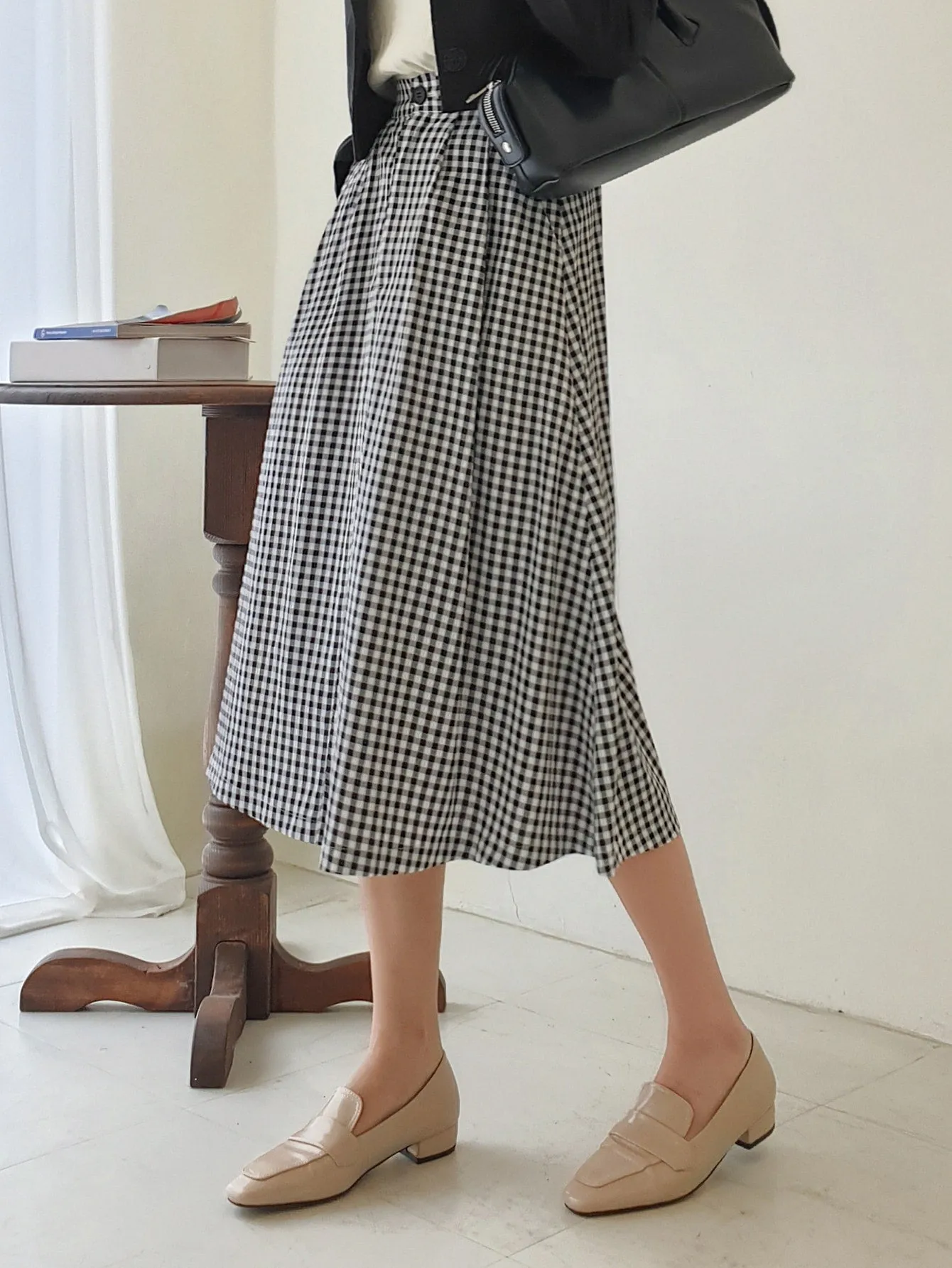 Casual Gingham High Waist Midi Women Skirt