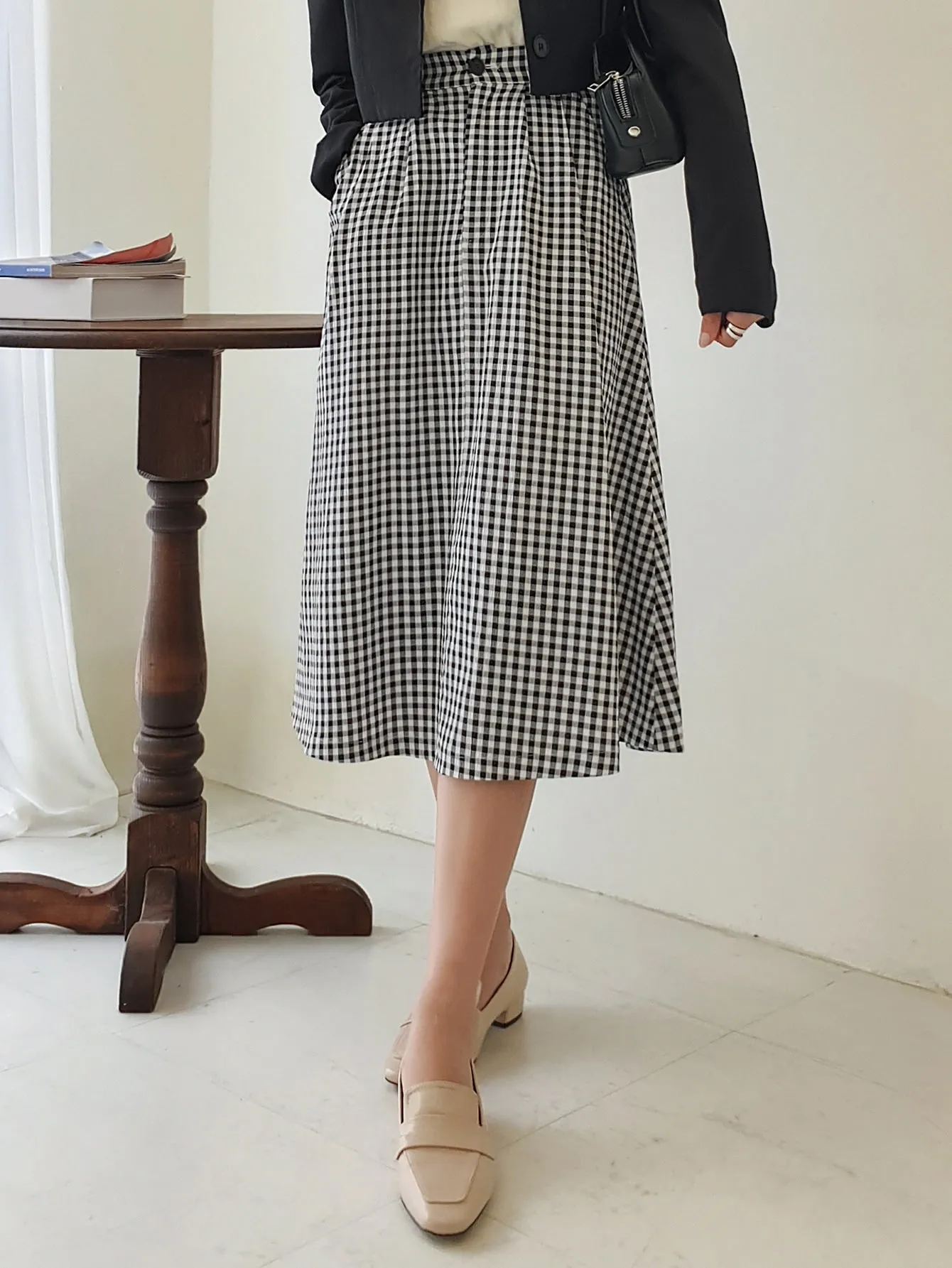 Casual Gingham High Waist Midi Women Skirt