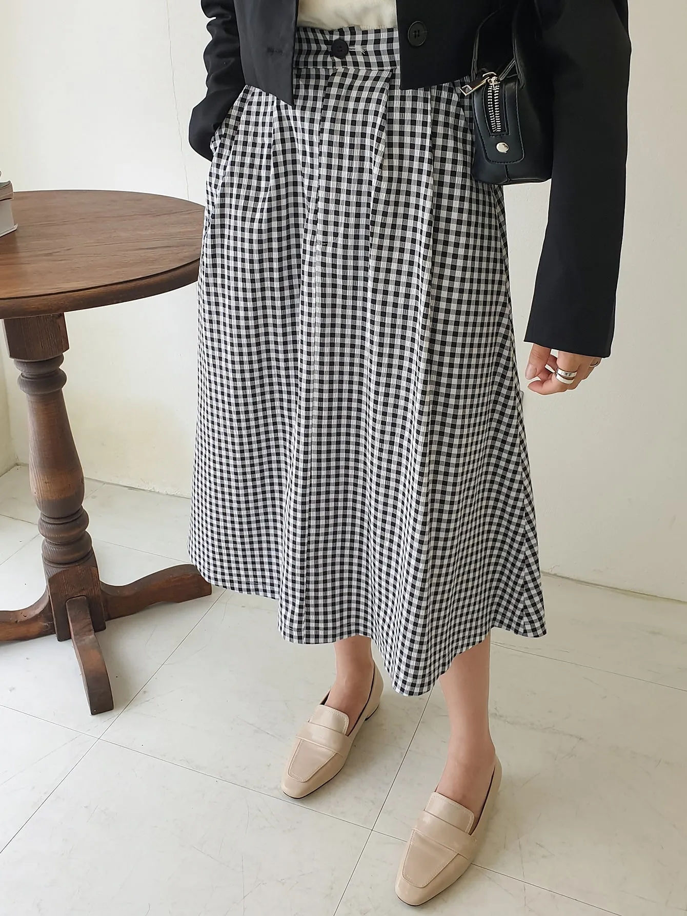 Casual Gingham High Waist Midi Women Skirt