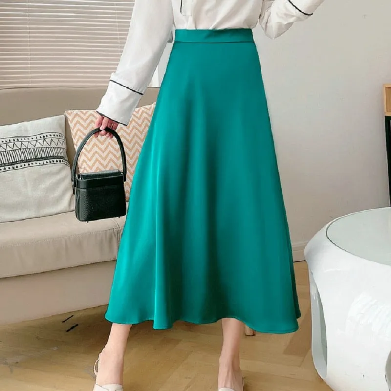 Casual Loose A-line Satin Silk Smooth High Waist A-line Maxi Skirt